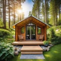 Small modern and elegant barrell wooden cabin tiny house and garden with two sun luxury glamping