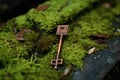 a small, modern key lying on a stack of vintage, moss-covered bricks