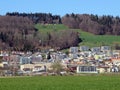 A small modern Swiss settlement or village Wauwil on the slopes of the hill Egozwilerberg - Canton of Lucerne, Switzerland