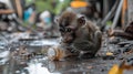 A small monkey sits in a puddle of muddy water, looking intently at a discarded bottle Royalty Free Stock Photo