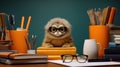 A small monkey wearing glasses sitting on top of a stack of books, AI Royalty Free Stock Photo