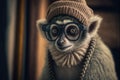 a small monkey wearing a hat and glasses with a sweater on it\'s back and a hat on its head and a sweater on its back, with a