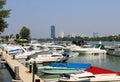 Small motor boats in marina, River Danube, Vienna