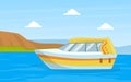 Small Motorboat on Blue River or Lake on Beautiful Summer Landscape Vector Illustration Royalty Free Stock Photo