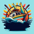 A small motorboat. Motorboat rental. Maintenance and service of motor boats. Cartoon vector illustration. label, sticker