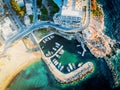 Small motorboats moored at dock, Paros island, Greece, view from above Royalty Free Stock Photo