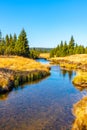 Small mountain creek meandering in the middle of meadows and forest. Sunny day with blue sky and white clouds in Jizera Royalty Free Stock Photo