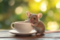 small mouse curiously leans against white cup on wooden table. setting features soft sunlight filtering through greenery, creating Royalty Free Stock Photo