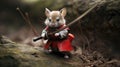 Small mouse dressed in red outfit holds sword. This image can be used to depict bravery, courage, or