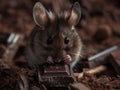 A small mouse eating chocolate in the dirt. Generative AI