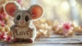 A small mouse holding a wooden sign with the word love, AI