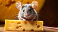Small mouse is sitting next to wedge of cheese on table. Generative AI Royalty Free Stock Photo