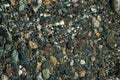 Small multicolored stones on the bank of a mountain stream with crystal clear glacial water. Top view. Royalty Free Stock Photo