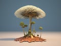 Small mushroom, which is sitting on top of larger mushroom. This arrangement creates illusion that smaller mushroom has