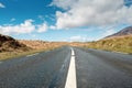 Small narrow asphalt road in Connemara, county Galway, Ireland. With beautiful nature view. Irish landscape. Cloudy sky. Low angle Royalty Free Stock Photo