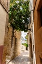 Small narrow rustic street inside the old village Dalt Vila in Ibiza town