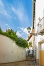 Small narrow street with white houses and abundant greenery in the old European city Royalty Free Stock Photo