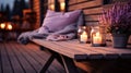 Small_natural_color_wooden_cabin_balcony_with_heather_3 Royalty Free Stock Photo