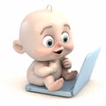 Small newborn baby in front of laptop and looking at screen, funny cute cartoon 3d Royalty Free Stock Photo