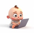 Small newborn baby in front of laptop and looking at screen, funny cute cartoon 3d illustration on white background, Royalty Free Stock Photo