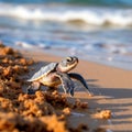 a small newly born turtle crawls towards the sea