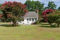 Small nice white house with well-groomed lawn and a large Lagerstroemia at the entrance. Blue sky on a sunny day