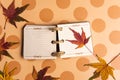 Small notebook and autumn leafs on a table