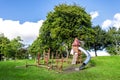 A small obstacle course and a tall magic house with a tube slide in Duthie Park, Aberdeen Royalty Free Stock Photo