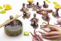 Small octopus on bamboo sticks in bowl with soy sauce Royalty Free Stock Photo