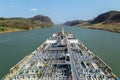 Small oil tanker steaming through the Panama Canal. Royalty Free Stock Photo