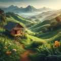 A small old hut in beautiful lush green hill, wildflowers, plants, tree, fog, mountains, scenery, real pic, back to nature Royalty Free Stock Photo