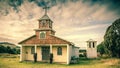 Small old wooden church on Chiloe with a red facade, white columns and yellow entrance area as well as a wooden cross on