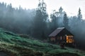 Small old wooden house in foggy forest. Mountains scenery. Nature conceptual image. Royalty Free Stock Photo