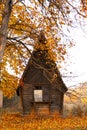 Small old wooden house. House for tourism. Golden autumn. Wooden house in the forest. Fairytale wooden house Royalty Free Stock Photo