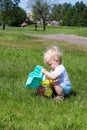 Small one year old boy child playing with toy truck car in the park Royalty Free Stock Photo