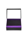 A small open black paper box with a purple stripe for a gift. Gift wrapping isolate on white background Royalty Free Stock Photo