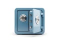 Small open blue safe with silver dial and handle Royalty Free Stock Photo
