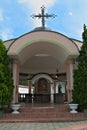 Small open chapel and decorative plants at Serbian Monastery