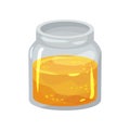 Small open glass jar with fresh honey. Natural product from apiary farm. Sweet and healthy food. Flat vector design