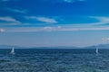 Small optimist boats with white sails, blue sky and sea background Royalty Free Stock Photo