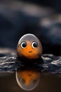 A small orange ball with eyes sitting on a rock, AI. Pareidolia.