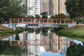 Small orange bridge in the Ecological Park, in Indaiatuba, Brazil