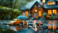 A small orange car is sitting in a puddle with a blue umbrella over it by AI generated image Royalty Free Stock Photo