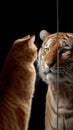 small orange cat gazes at its reflection, which appears as tiger, against dark background Royalty Free Stock Photo