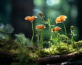 small orange flowers growing on a mossy forest floor Royalty Free Stock Photo