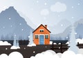 Small orange Scandinavian style house in the forest and mountains