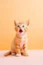 Small orange and white kitten sitting on top of pink surface with its mouth open. Generative AI Royalty Free Stock Photo