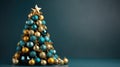Small, original Christmas tree made of Christmas tree balls in blue shades on a one tone background. Place for text