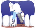 Small orthodontists or doctors inserting an implant among big teeth, flat vector stock illustration as a concept of implantation,