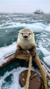 A small otter sitting on top of a boat in the water Royalty Free Stock Photo